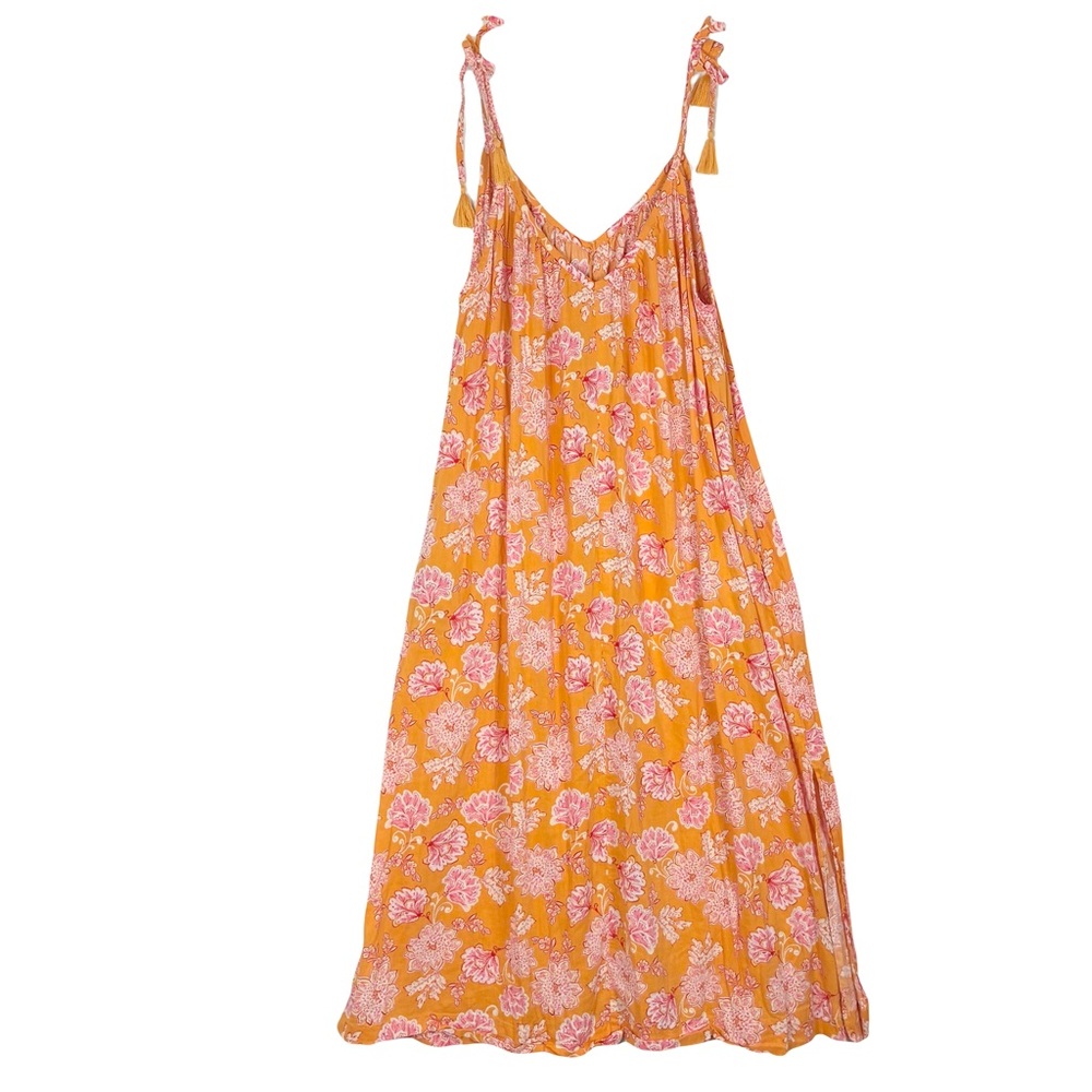 Old Navy Orange Floral A-Line Tie Straps Dress L Tropical Vacay Summer Resort - Picture 2 of 8